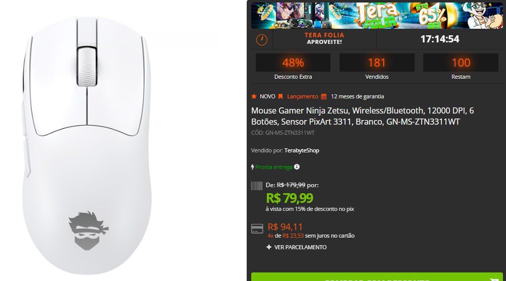 Mouse Gamer Ninja Zetsu, Wireless/Bluetooth, 12000 DPI, 6 Botões, Sensor PixArt 3311, Branco 🖱️🎮