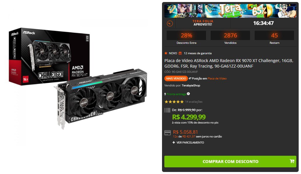 Placa de Vídeo ASRock AMD Radeon RX 9070 XT Challenger, 16GB, GDDR6, FSR, Ray Tracing 🖥️🎮