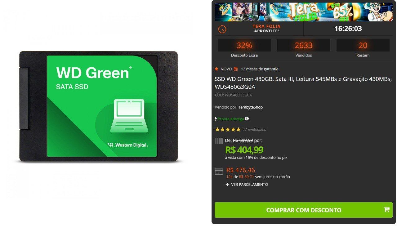 SSD WD Green 480GB, Sata III, Leitura 545MBs e Gravação 430MBs 🛒💻