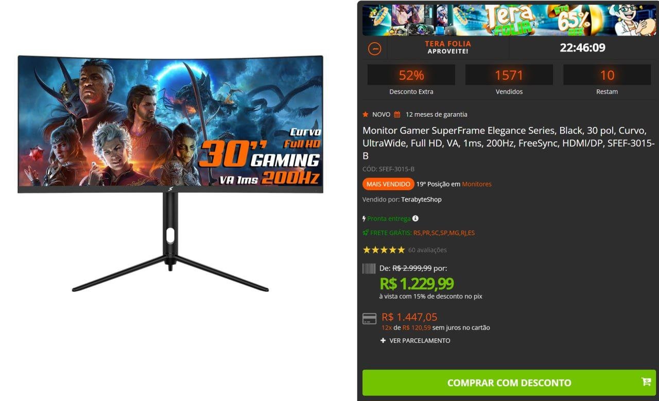 Monitor Gamer SuperFrame Elegance Series, Black, 30 pol, Curvo, UltraWide, Full HD, VA, 1ms, 200Hz, FreeSync 🖥️🎮