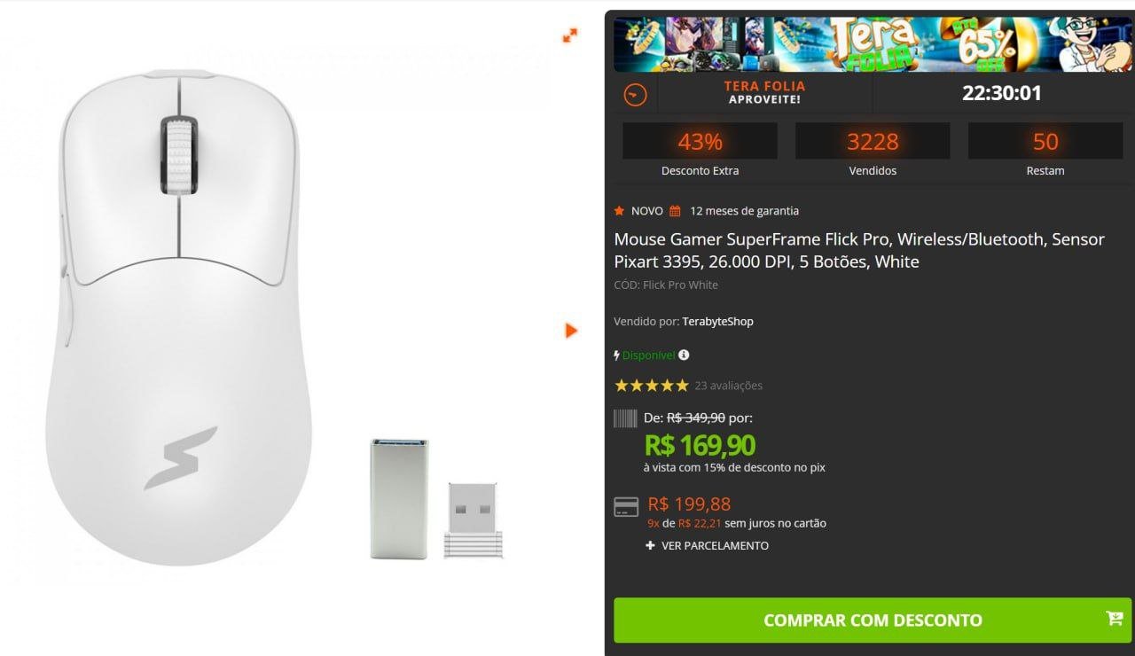 Mouse Gamer SuperFrame Flick Pro Wireless/Bluetooth, Sensor Pixart 3395, 26.000 DPI, 5 Botões, White 🖱️🎮