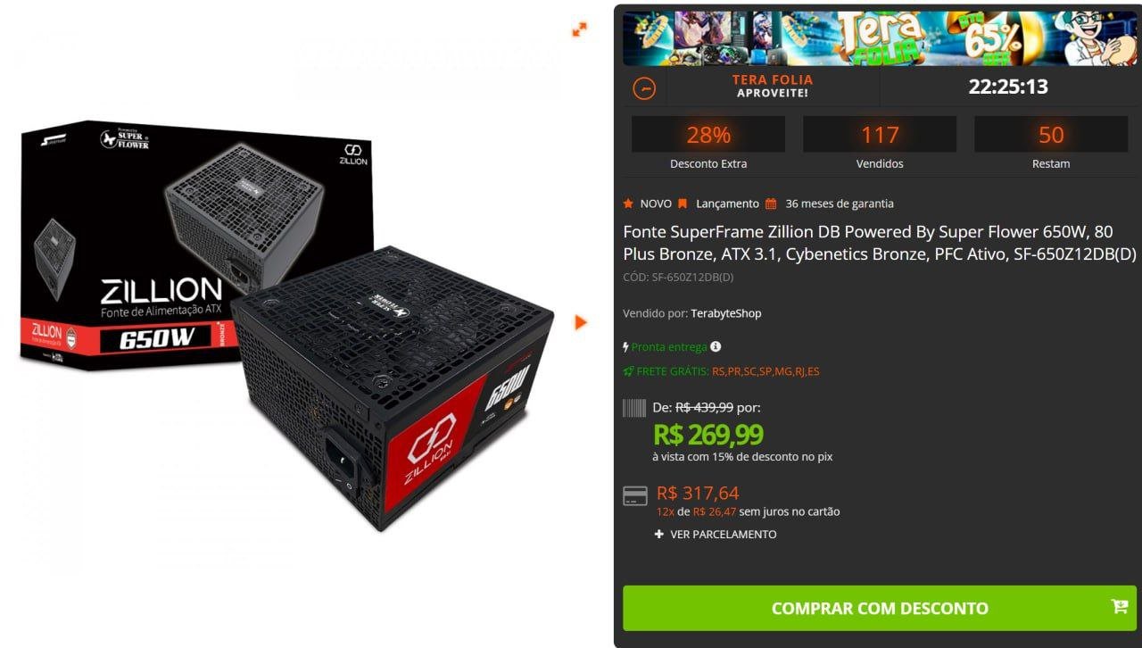 Fonte SuperFrame Zillion DB Powered By Super Flower 650W, 80 Plus Bronze, ATX 3.1, Cybenetics Bronze, PFC Ativo 🛒