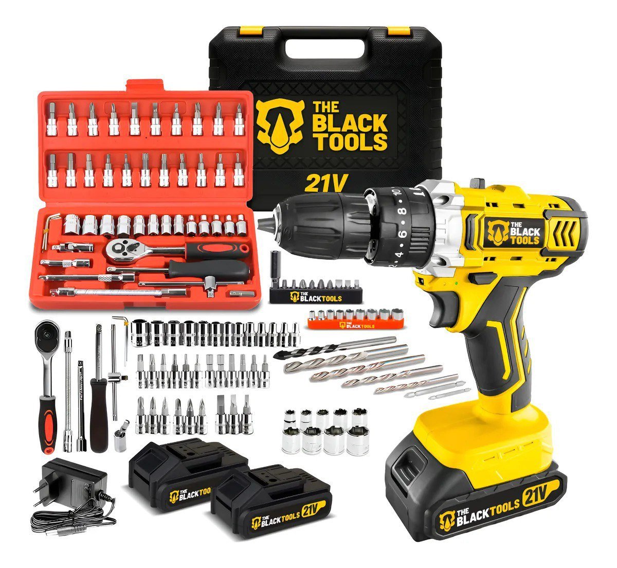 Furadeira Parafusadeira De Impacto 2 Baterias 21v + 46 Peças Amarelo 110v/220v 60hz 🛠️🔧