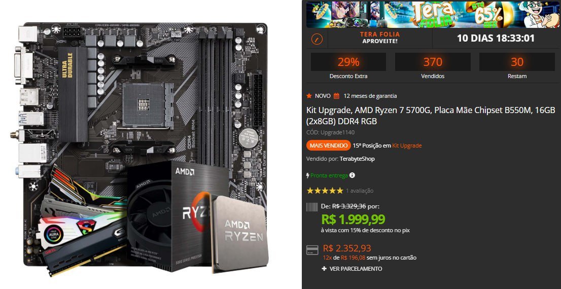 Kit Upgrade, AMD Ryzen 7 5700G, Placa Mãe Chipset B550M, 16GB (2x8GB) DDR4 RGB 🛒💻