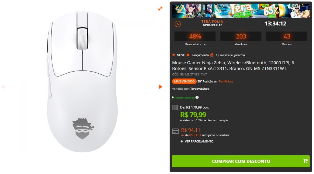 Mouse Gamer Sem Fio Ninja Zetsu PAW3311 🖱️🎮