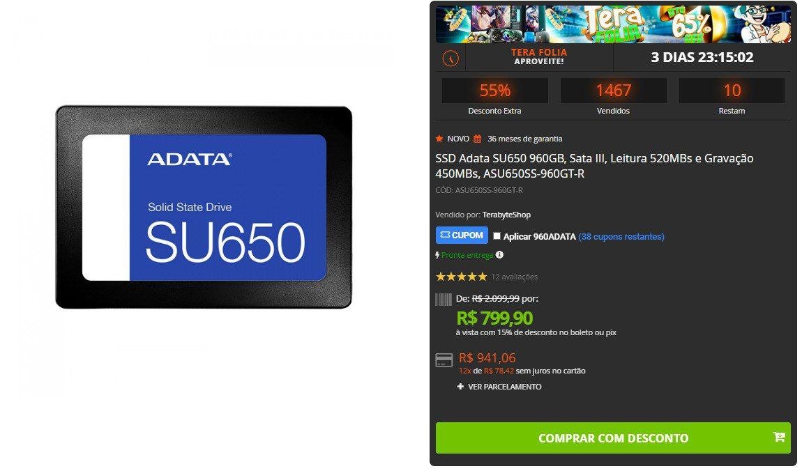 SSD Adata SU650 960GB, Sata III, Leitura 520MBs e Gravação 450MBs, ASU650SS-960GT-R 💾