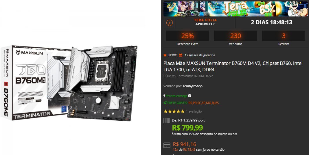 Placa Mãe MAXSUN Terminator B760M D4 V2, Chipset B760, Intel LGA 1700, m-ATX, DDR4 🖥️