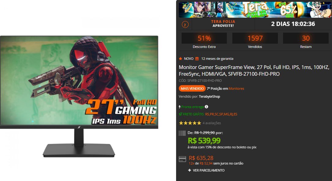 Monitor Gamer SuperFrame View, 27 Pol, Full HD, IPS, 1ms, 100HZ 🖥️🎮
