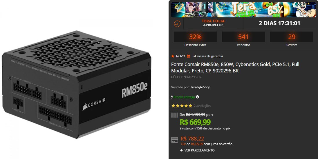 Fonte Corsair RM850e, 850W, Cybenetics Gold, PCIe 5.1, Full Modular, Preto 🖥️⚡