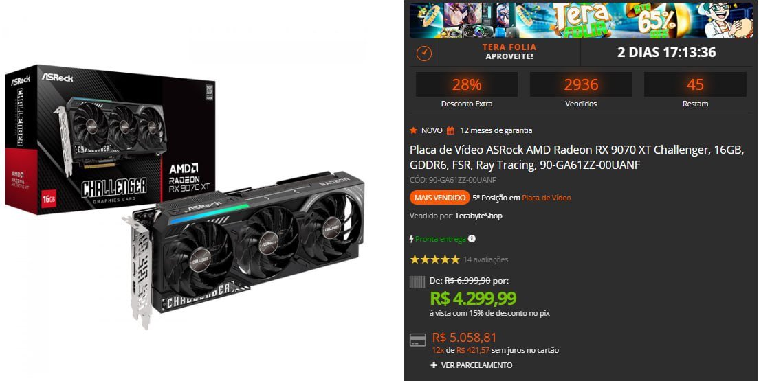 Placa de Vídeo ASRock AMD Radeon RX 9070 XT Challenger, 16GB, GDDR6, FSR, Ray Tracing 🖥️🎮