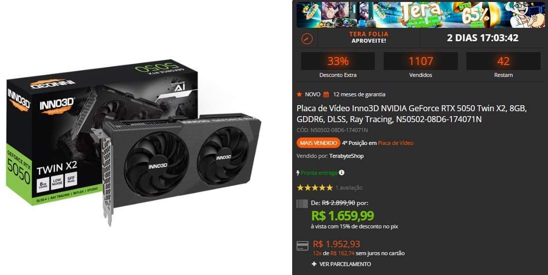Placa de Vídeo Inno3D NVIDIA GeForce RTX 5050 Twin X2, 8GB, GDDR6, DLSS, Ray Tracing 🖥️🎮