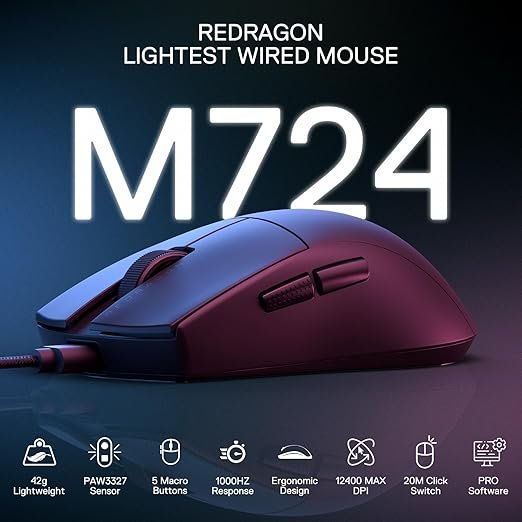 Mouse Gamer Redragon K1ng 1K Preto PAW3327 Cabo USB Tipo-C Removível 12400 DPI M724 🖱️🎮