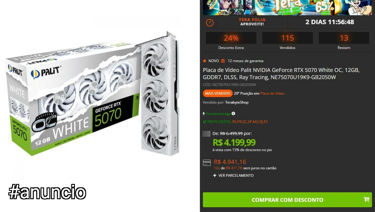 Placa de Vídeo Palit NVIDIA GeForce RTX 5070 White OC, 12GB, GDDR7, DLSS, Ray Tracing, NE75070U19K9-GB2050W 🖥️🎮