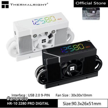 Dissipador SSD NVME Thermalright HR-10 2280 PRO Display Digital RGB preto branco (com ventilador de controle de temperatura) 🖥️❄️