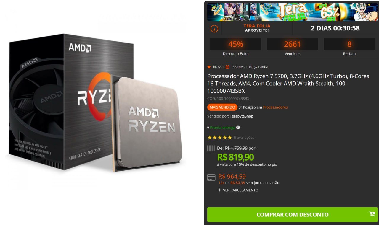 Processador AMD Ryzen 7 5700, 3.7GHz (4.6GHz Turbo), 8-Cores 16-Threads, AM4, Com Cooler AMD Wraith Stealth 🙏🏻🔥