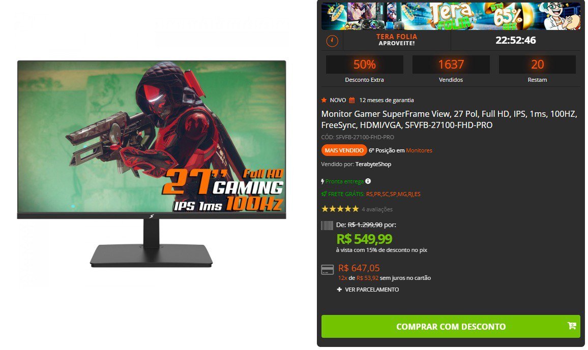 Monitor Gamer SuperFrame View, 27 Pol, Full HD, IPS, 1ms, 100HZ, FreeSync, HDMI/VGA, SFVFB-27100-FHD-PRO 🛒💻