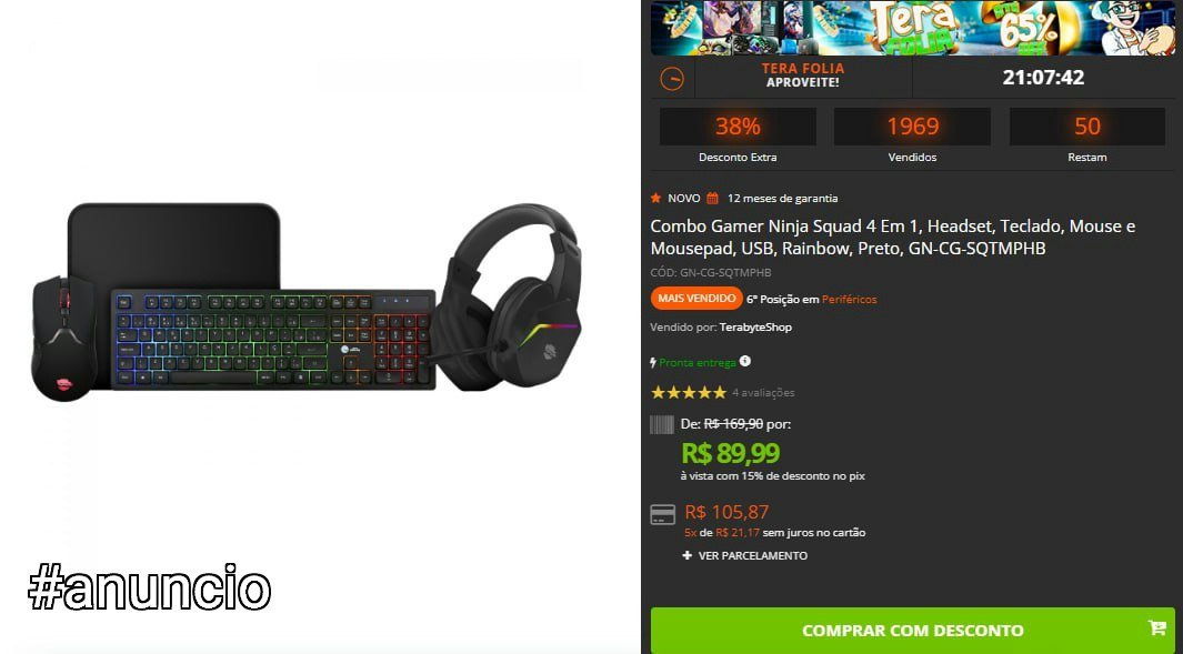 Combo Gamer Ninja Squad 4 Em 1, Headset, Teclado, Mouse e Mousepad, USB, Rainbow, Preto, GN-CG-SQTMPHB 🖱️🎧⌨️🖥️