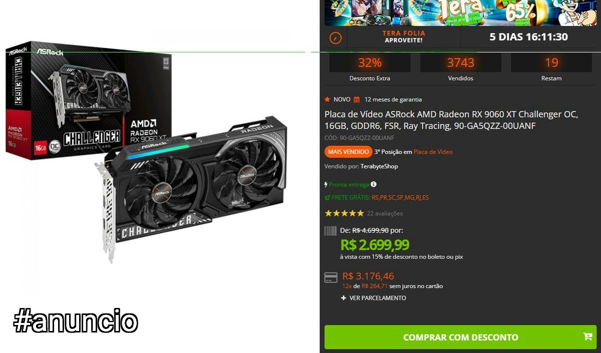 Placa de Vídeo ASRock AMD Radeon RX 9060 XT Challenger OC, 16GB, GDDR6, FSR, Ray Tracing 🖥️🎮