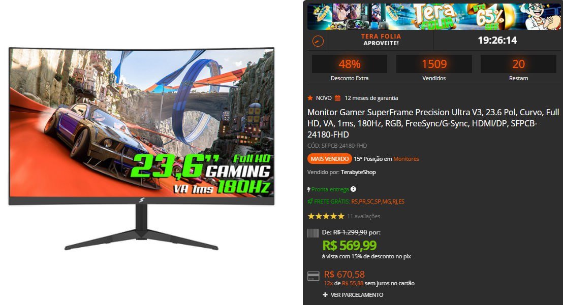 Monitor Gamer SuperFrame Precision Ultra V3, 23.6 Pol, Curvo, Full HD, VA, 1ms, 180Hz 🖥️🎮