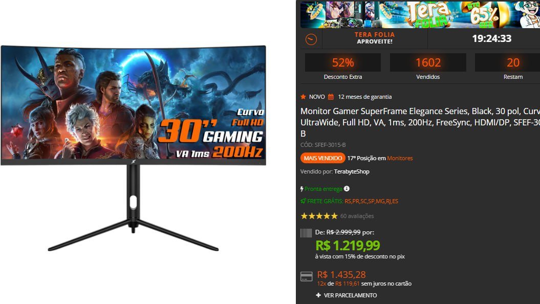 Monitor Gamer SuperFrame Elegance Series, Black, 30 pol, Curvo, UltraWide, Full HD, VA, 1ms, 200Hz 🖥️🎮