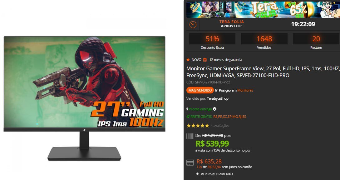 Monitor Gamer SuperFrame View, 27 Pol, Full HD, IPS, 1ms, 100HZ 🖥️🎮