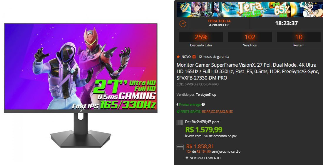Monitor Gamer SuperFrame VisionX, 27 Pol, Dual Mode, 4K Ultra HD 165Hz / Full HD 330Hz, Fast IPS, 0.5ms, HDR 🖥️🎮