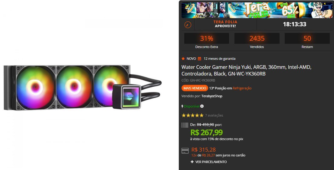 Water Cooler Gamer Ninja Yuki, ARGB, 360mm, Intel-AMD, Controladora, Black, GN-WC-YK360RB 💻🛒