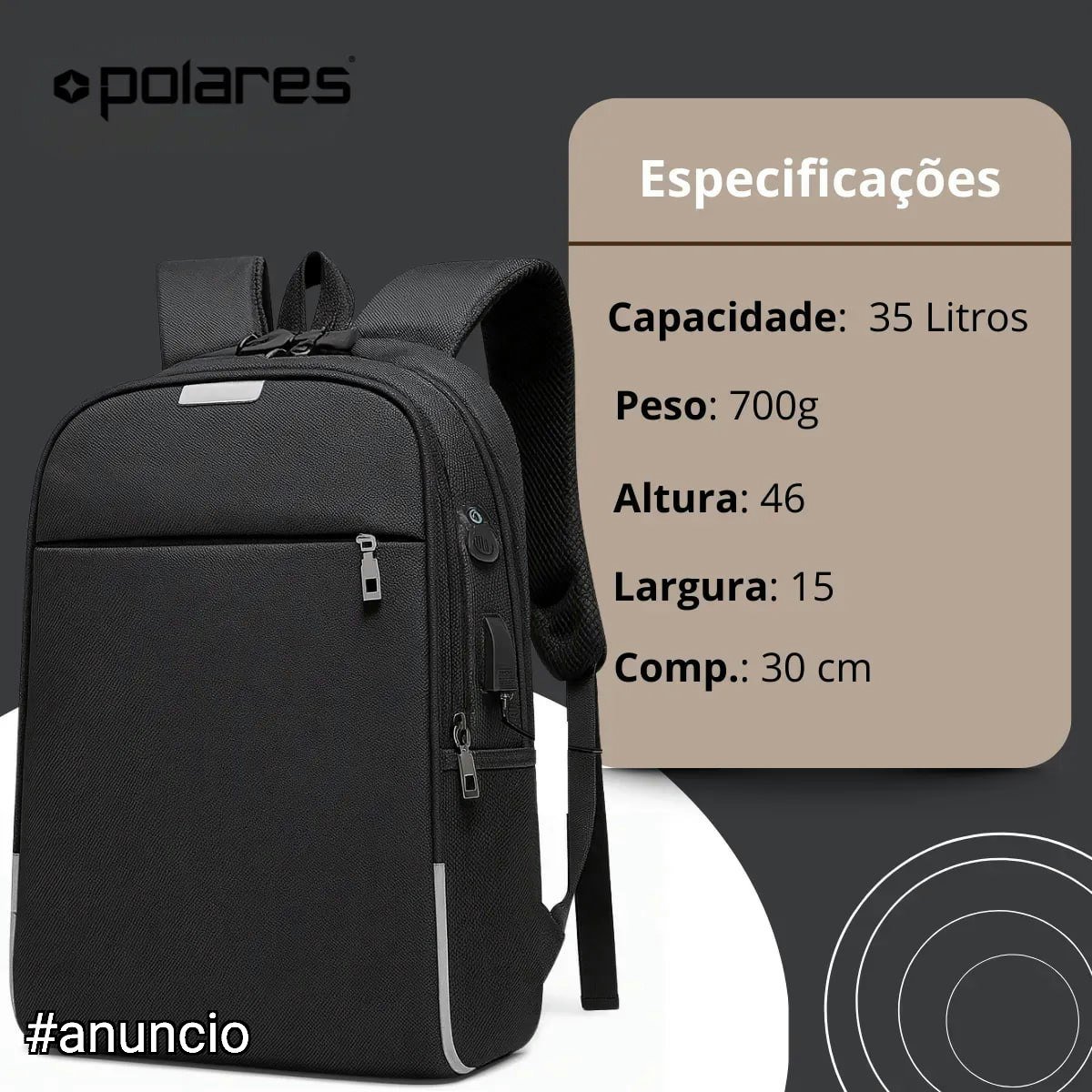Mochila Executiva Antifurto Polares USB 40L Notebook 17" Impermeável 🎒💻