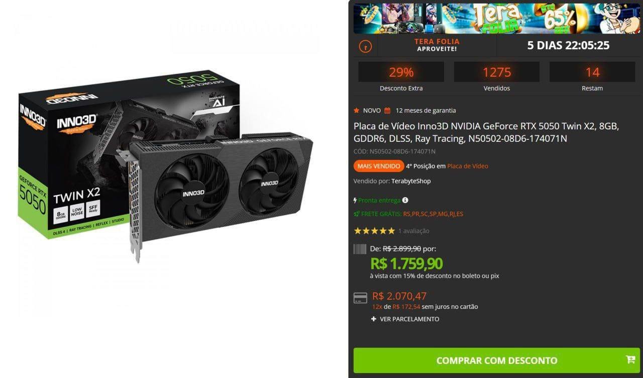 Placa de Vídeo Inno3D NVIDIA RTX 5050 Twin X2, 8GB, GDDR6 DLSS, Ray Tracing 🛒🎮