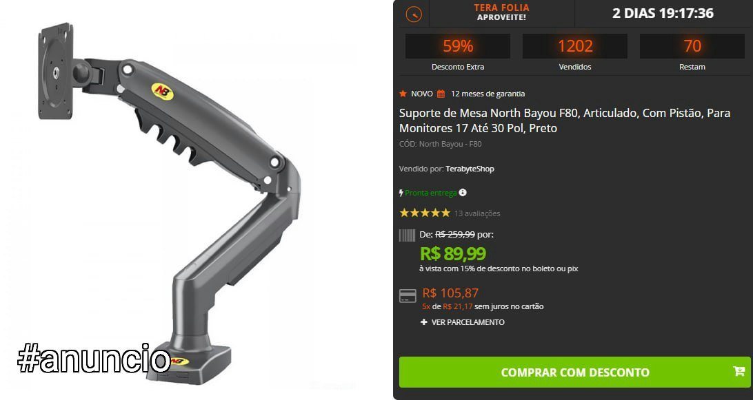 Suporte de Mesa North Bayou F80, Articulado, Com Pistão, Para Monitores 17 Até 30 Pol, Preto 🖥️