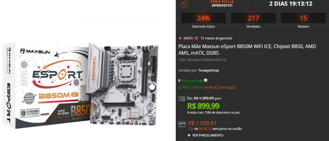 Placa Mãe Maxsun eSport B850M WiFi ICE, Chipset B850, AMD AM5, mATX, DDR5 🛒💻