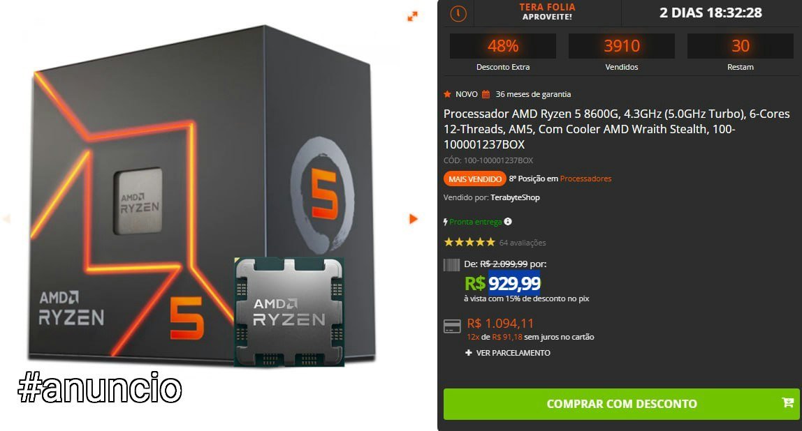 Processador AMD Ryzen 5 8600G, 4.3GHz (5.0GHz Turbo), 6-Cores 12-Threads, AM5, Com Cooler AMD Wraith Stealth 🖥️