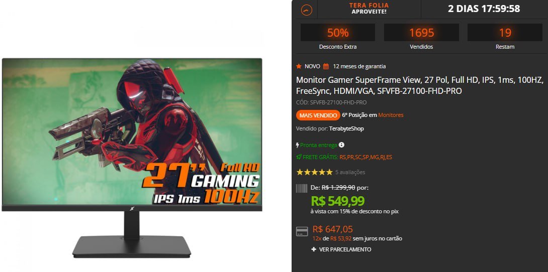 Monitor Gamer SuperFrame View, 27 Pol, Full HD, IPS, 1ms, 100HZ, FreeSync, HDMI/VGA 🖥️🕹️