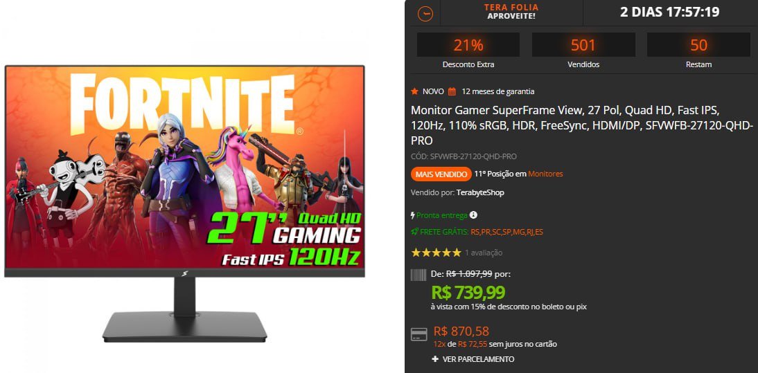 Monitor Gamer SuperFrame View, 27 Pol, Quad HD, Fast IPS, 120Hz 🖥️🎮