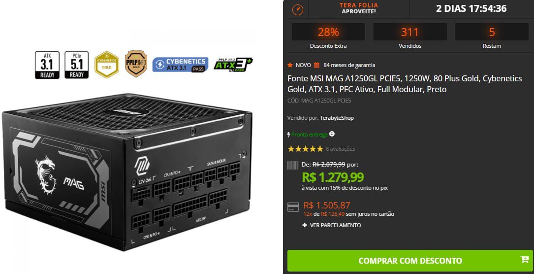 Fonte MSI MAG A1250GL PCIE5, 1250W, 80 Plus Gold, Cybenetics Gold, ATX 3.1, PFC Ativo, Full Modular, Preto 🖥️