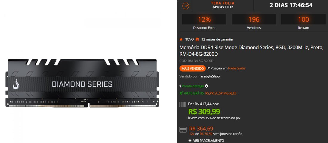 Memória DDR4 Rise Mode Diamond Series, 8GB, 3200MHz, Preto, RM-D4-8G-3200D 🛒