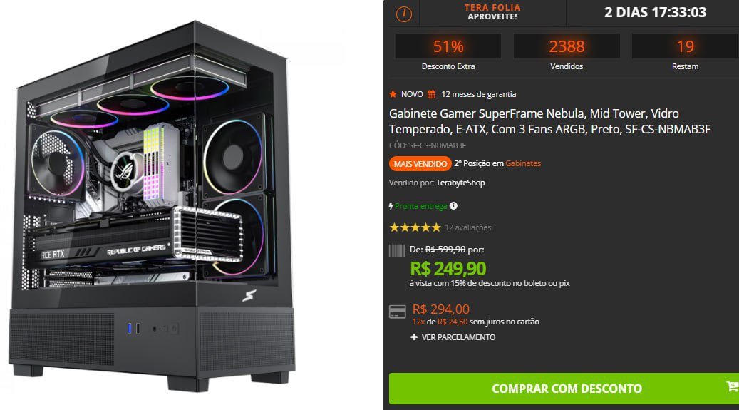 Gabinete Gamer SuperFrame Nebula, Mid Tower, Vidro Temperado, E-ATX, Com 3 Fans ARGB, Preto 🖥️🎮