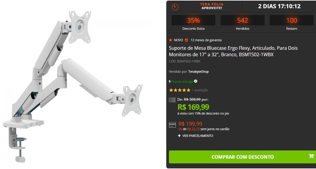 Suporte de Mesa Bluecase Ergo Flexy, Articulado, Para Dois Monitores de 17" a 32", Branco 🖥️🖱️