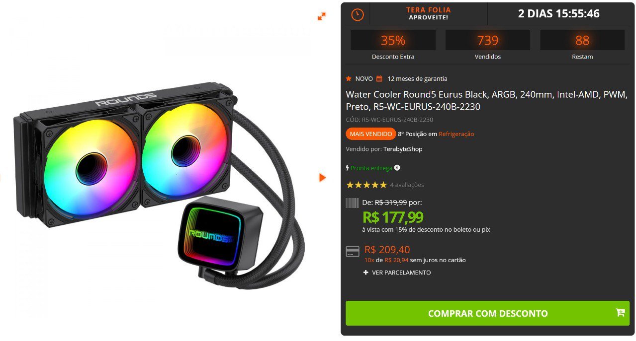 Water Cooler Round5 Eurus Black, ARGB, 240mm, Intel-AMD, PWM, Preto, R5-WC-EURUS-240B-2230 🛒💻