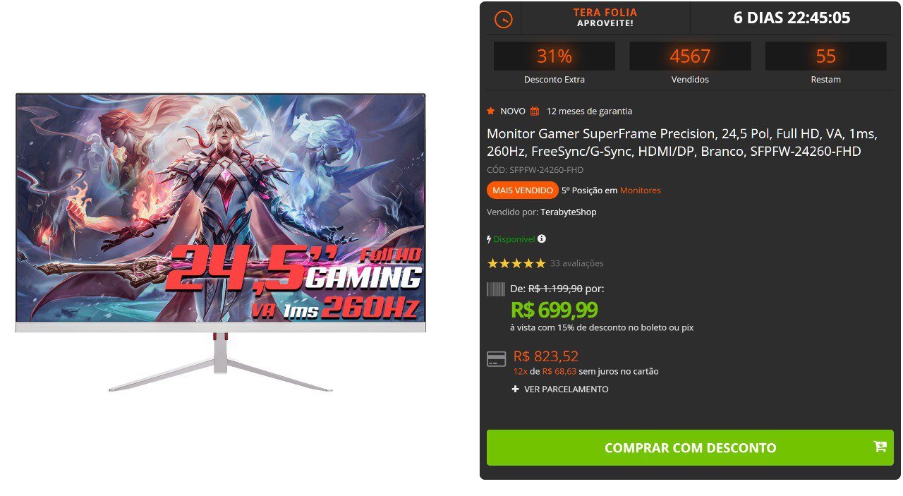 Monitor Gamer SuperFrame Precision, 24,5", Full HD, VA, 1ms, 260Hz, FreeSync/G-Sync, HDMI/DP, Branco, SFPFW-24260-FHD 🖥️🎮