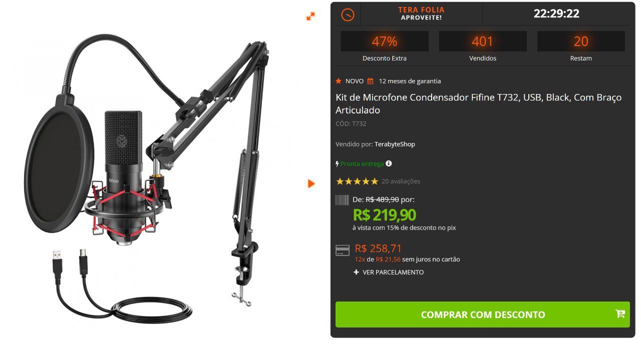 Kit de Microfone Condensador Fifine T732 USB Black 🎙️🎧