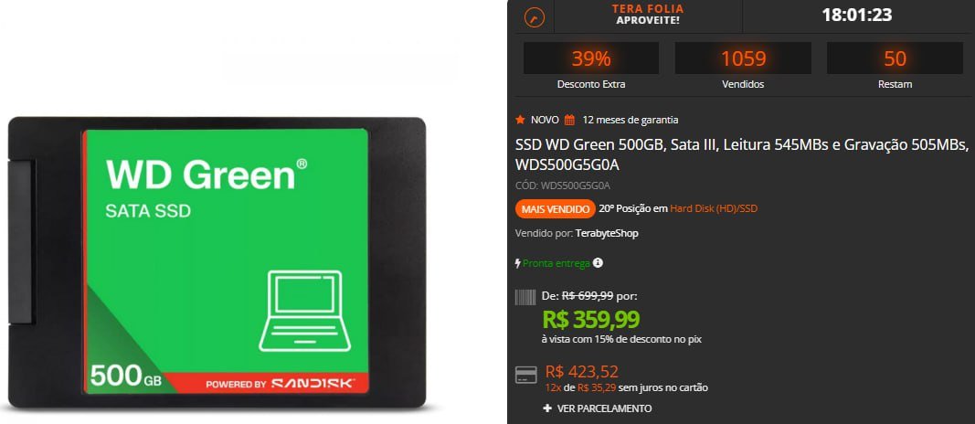 SSD WD Green 500GB, Sata III, Leitura 545MBs e Gravação 505MBs 💻