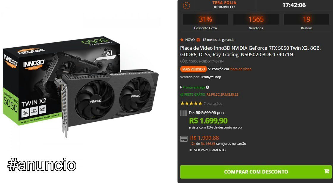 Placa de Vídeo Inno3D NVIDIA GeForce RTX 5050 Twin X2, 8GB, GDDR6, DLSS, Ray Tracing🖥️🎮