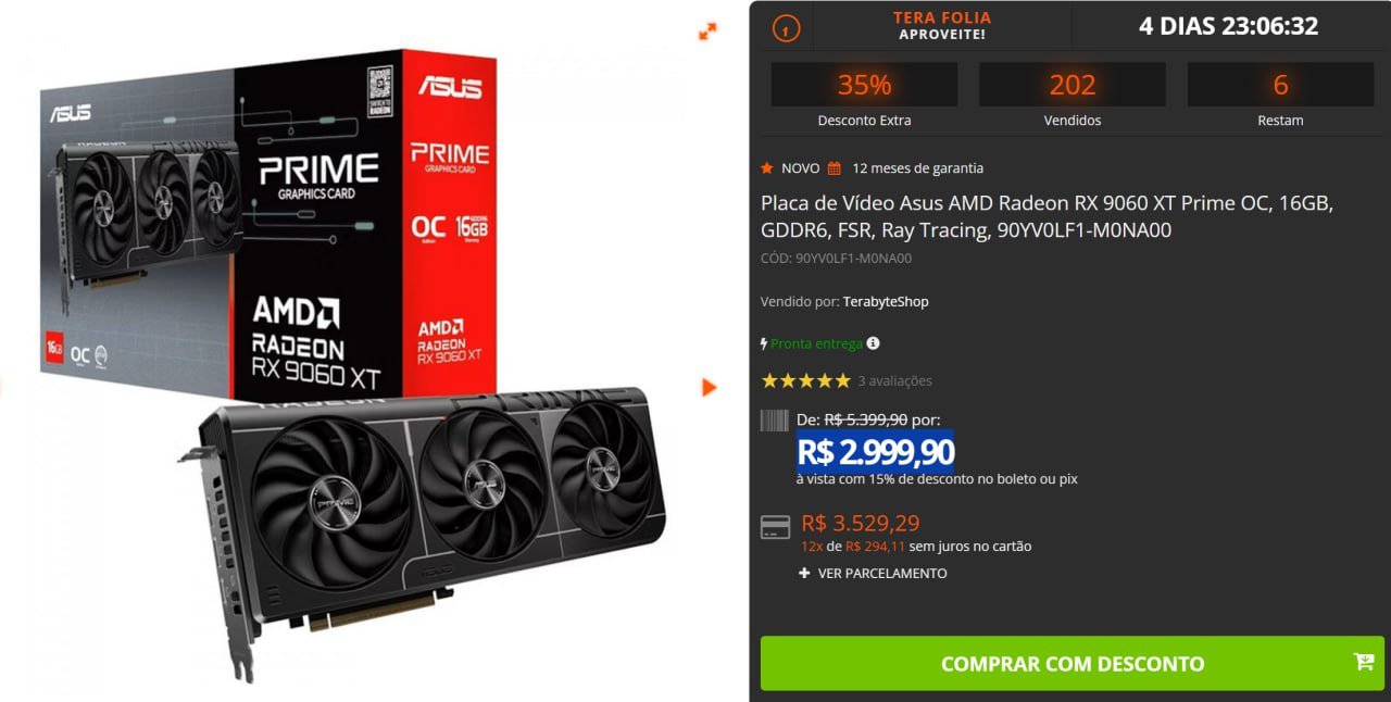 Placa de Vídeo Asus AMD Radeon RX 9060 XT Prime OC, 16GB, GDDR6, FSR, Ray Tracing 🛒💻