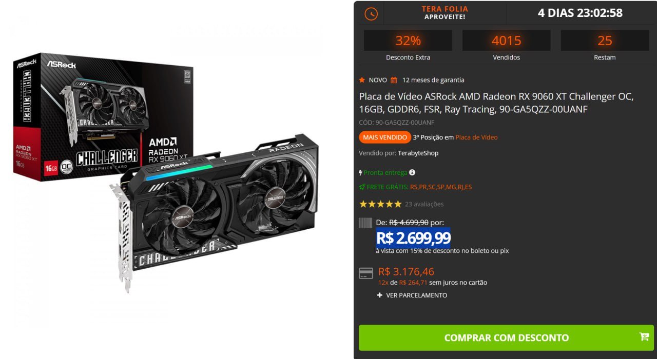 Placa de Vídeo ASRock AMD Radeon RX 9060 XT Challenger OC, 16GB, GDDR6, FSR, Ray Tracing 🛒💻