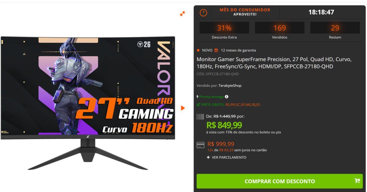 Monitor Gamer SuperFrame Precision 27" Quad HD Curvo 180Hz 🛒