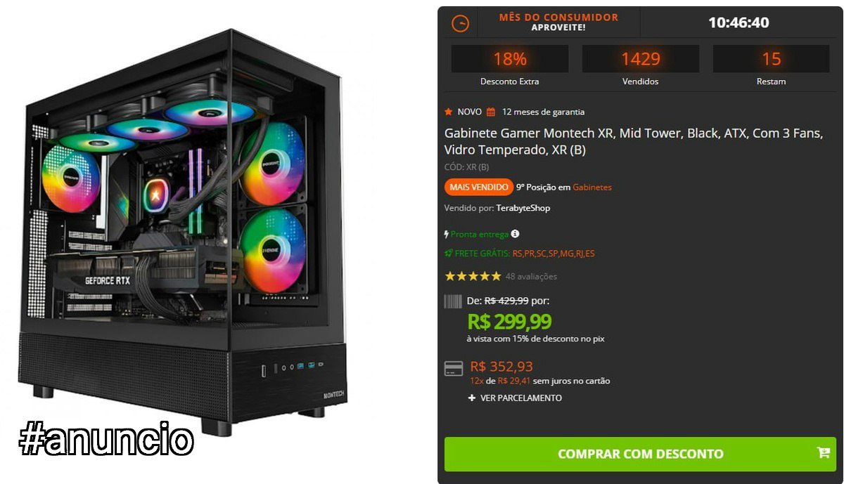 Gabinete Gamer Montech XR, Mid Tower, Black, ATX, Com 3 Fans, Vidro Temperado, XR (B) 🛒
