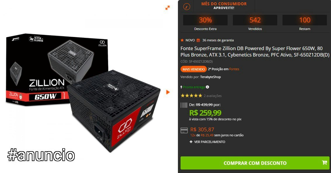 Fonte SuperFrame Zillion DB 650W 80 Plus Bronze ATX 3.1 🛒