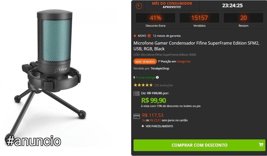 Microfone Gamer Condensador Fifine SuperFrame Edition SFM2, USB, RGB, Black 🎤