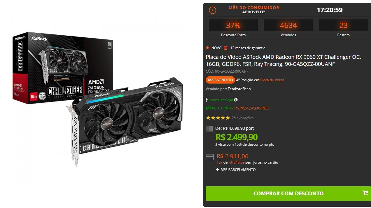 Placa De Video Asrock Amd Radeon RX 9060 XT Challenger Oc 16GB Gddr6 Fsr Ray Tracing 90 Ga5Qzz 00Uanf 🛒